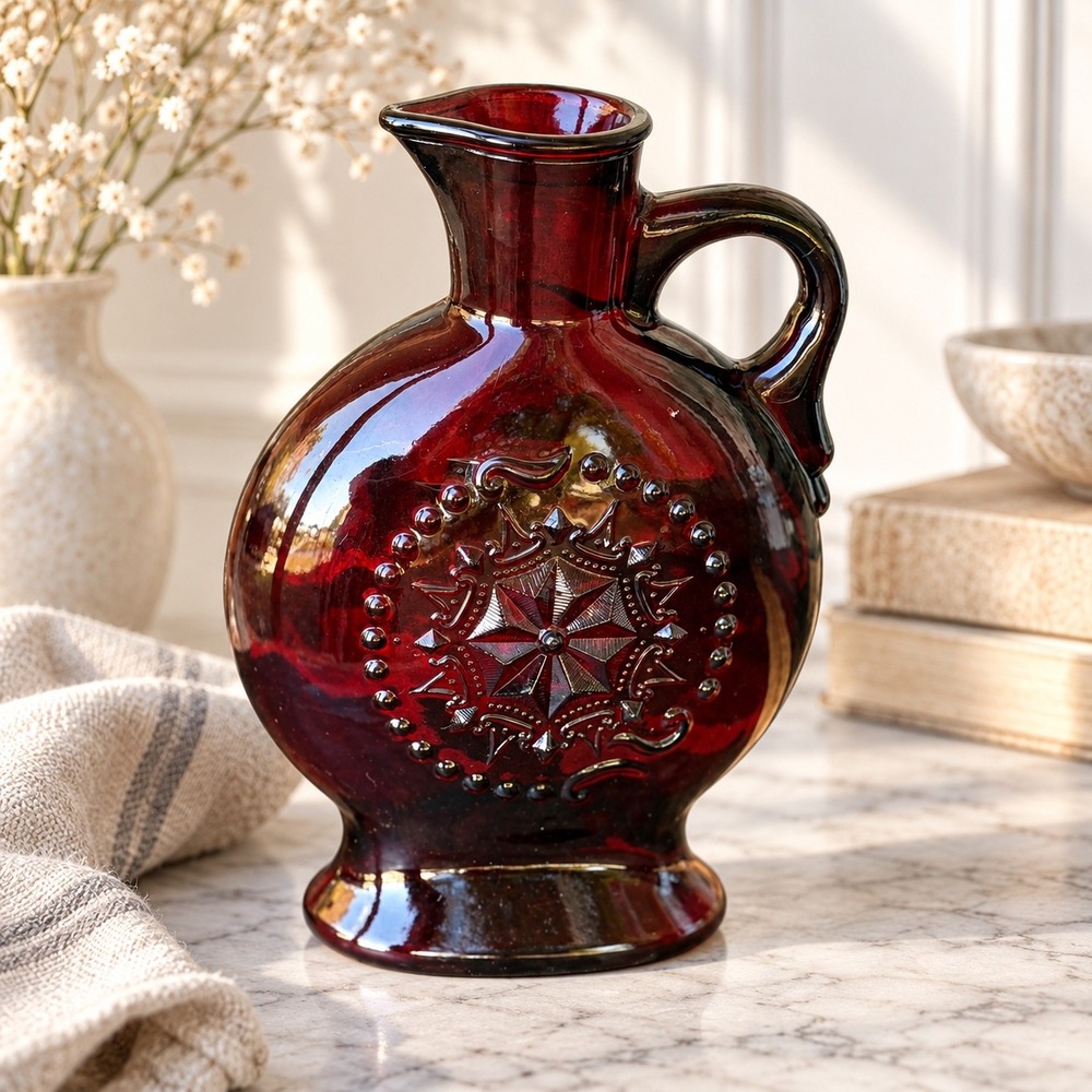 Vintage Wheaton Ruby Red Glass Decanter Pitcher Star Medallion Jim Beam 1970s